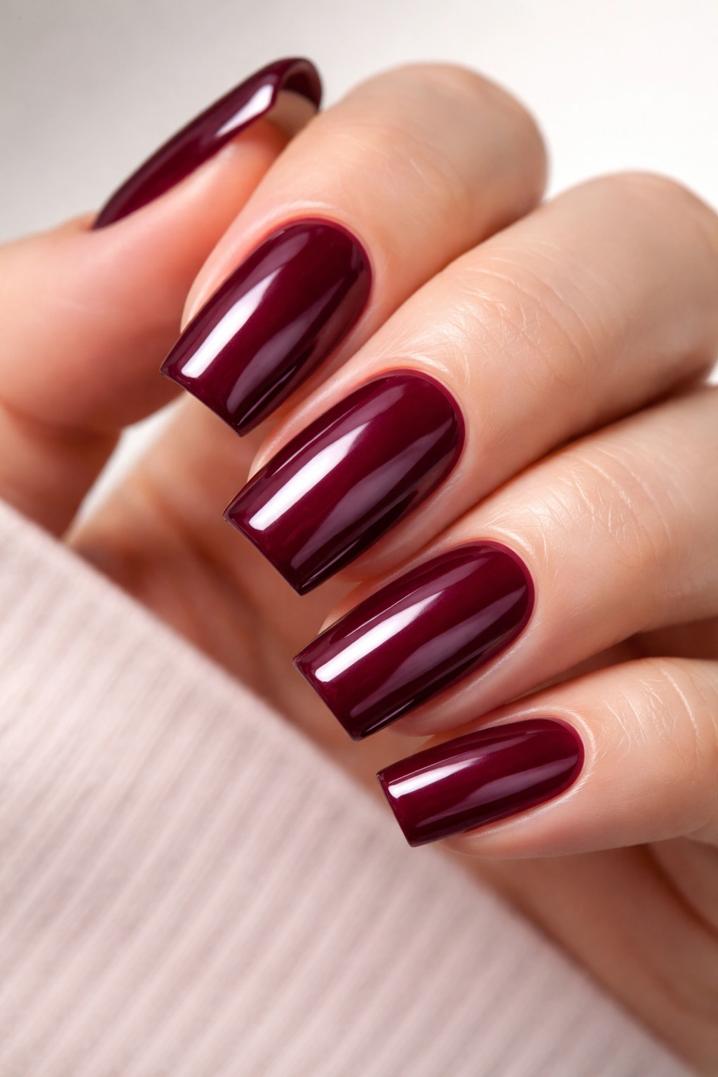 Close-up of deep wine berry glossy soft square nails on a hand