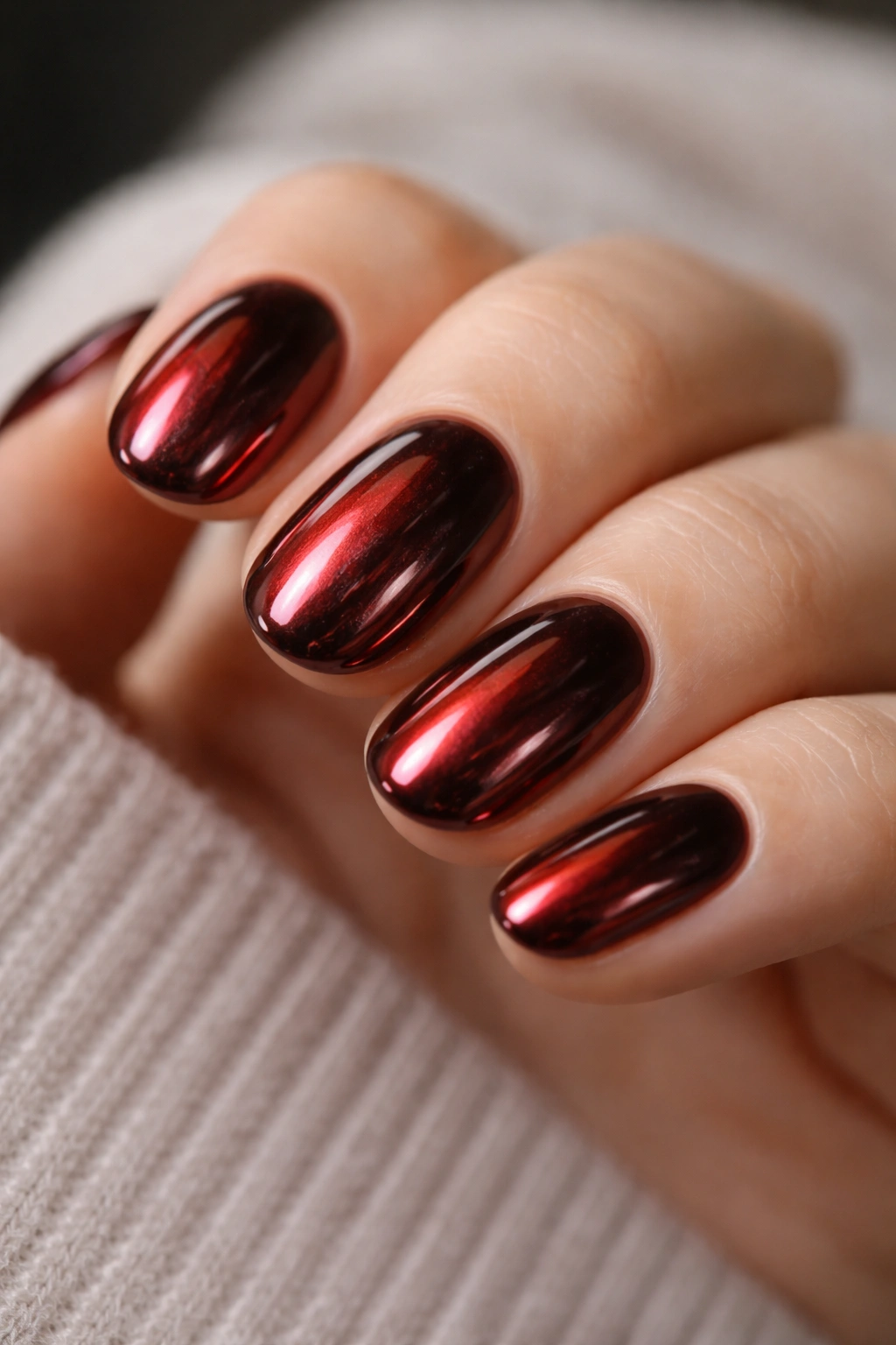 Short oval nails with deep wine chrome finish