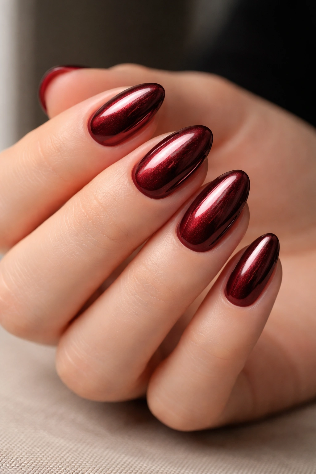 Close-up of short almond nails with deep wine red base and subtle chrome glaze