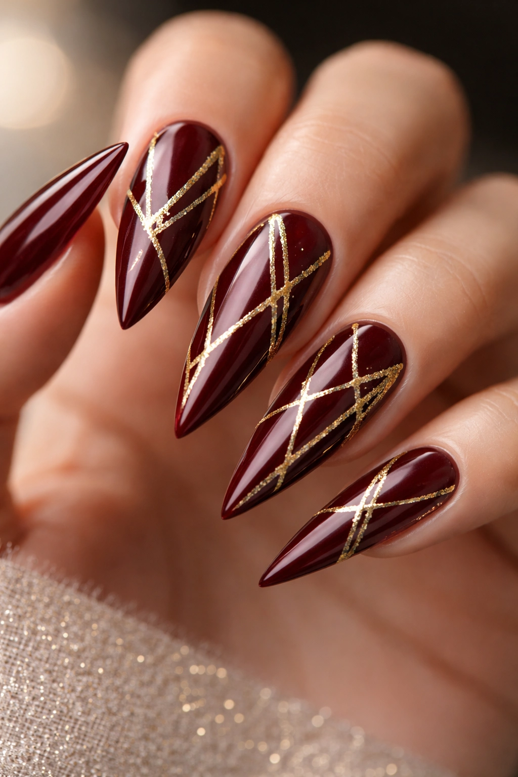 Close-up of wine red nails with gold geometric overlays.