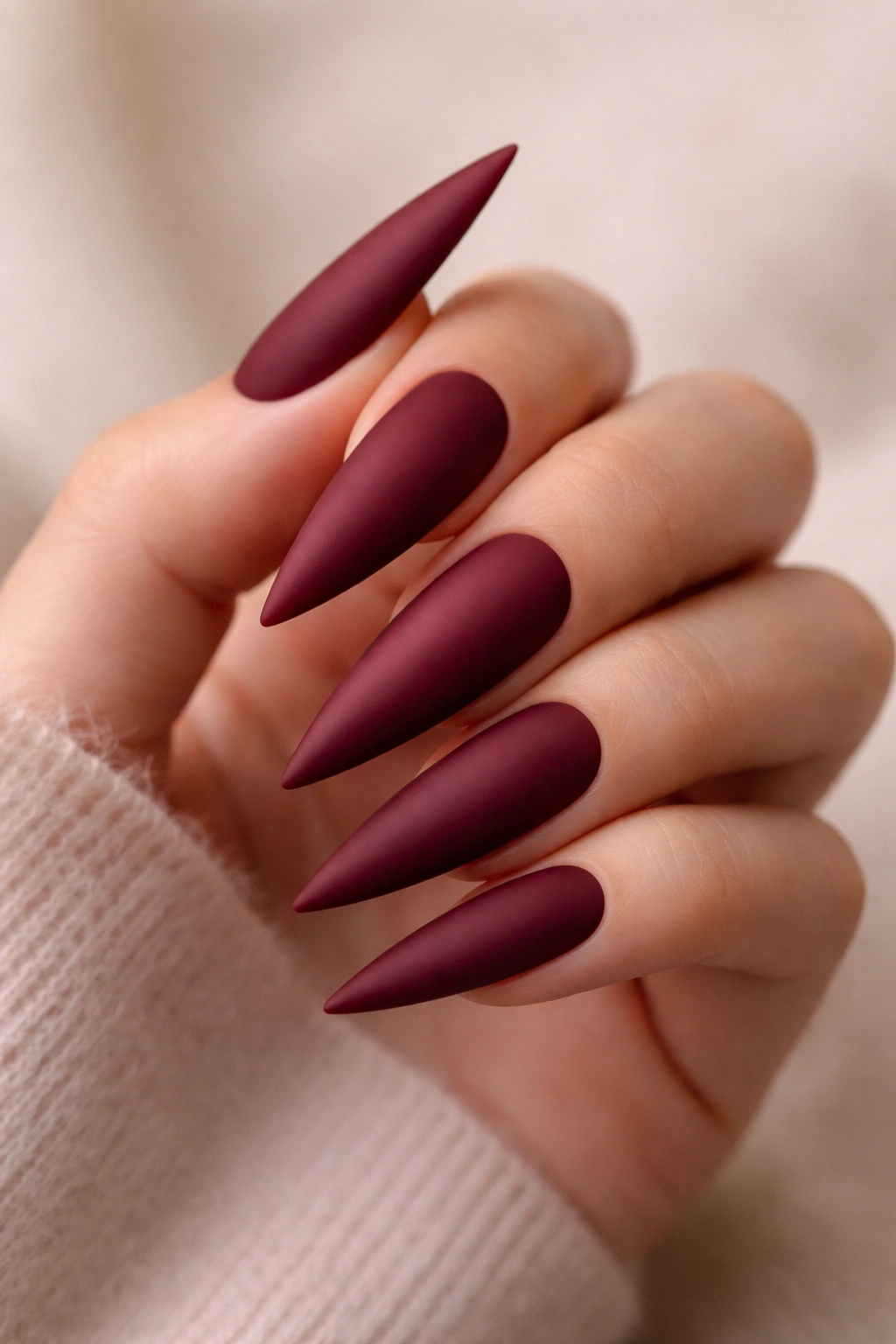 Close-up of deep wine red matte stiletto nails on a hand