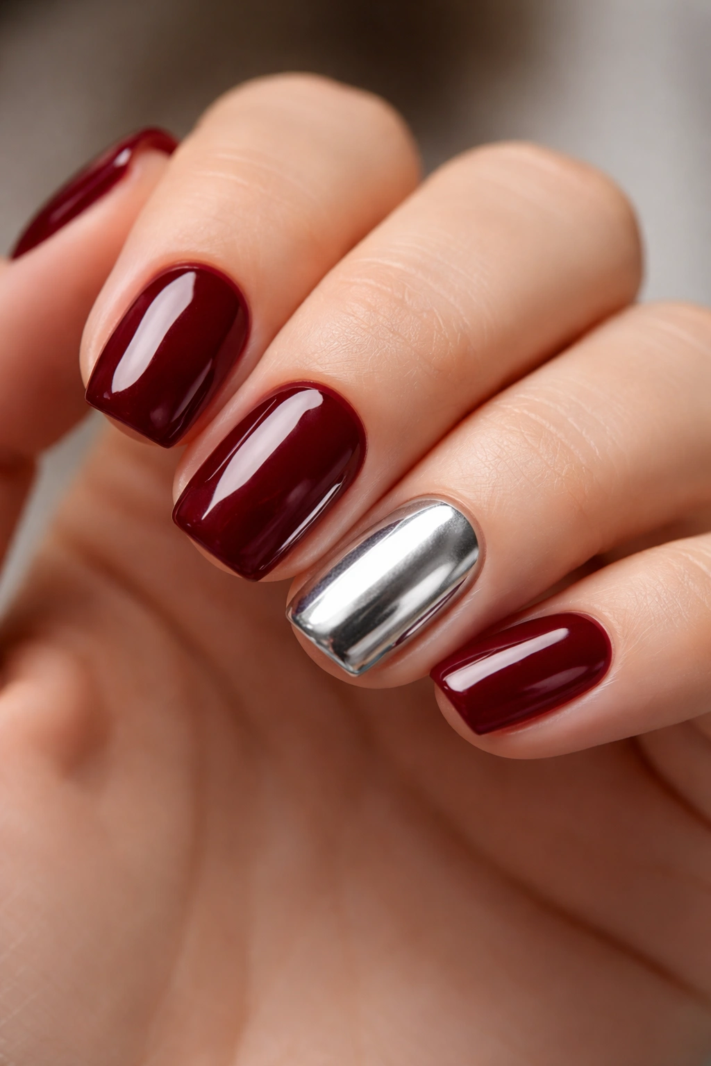 Close-up of a hand showing wine red nails with one silver chrome accent nail on a short squoval manicure