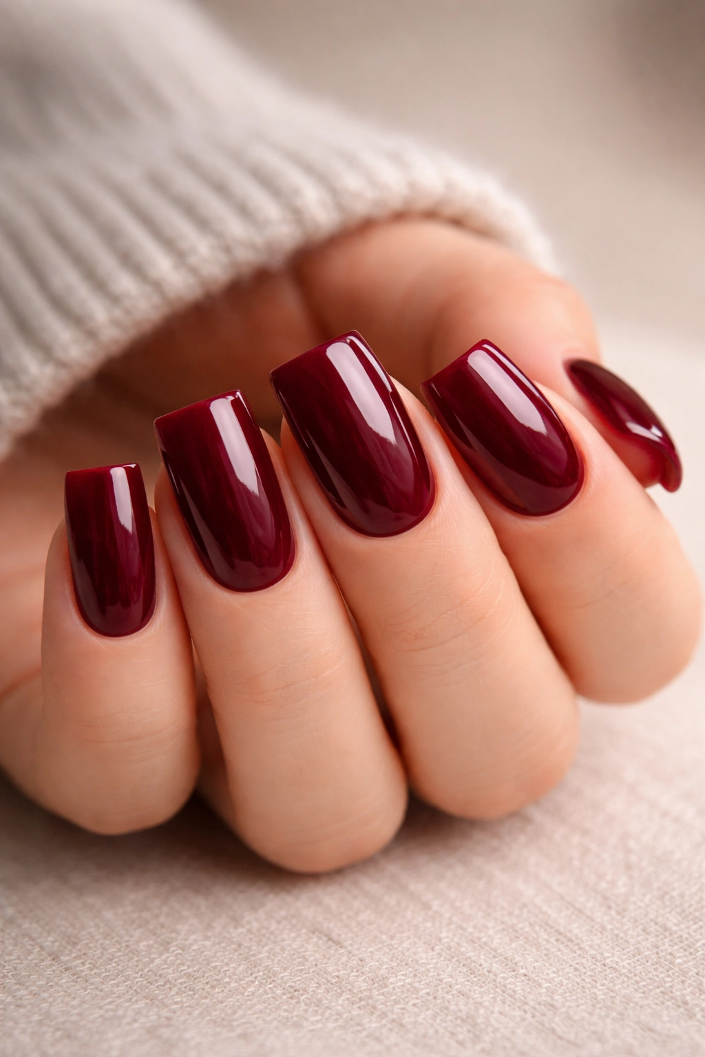 Close-up of deep wine red duck nails on short nails with rich burgundy undertones