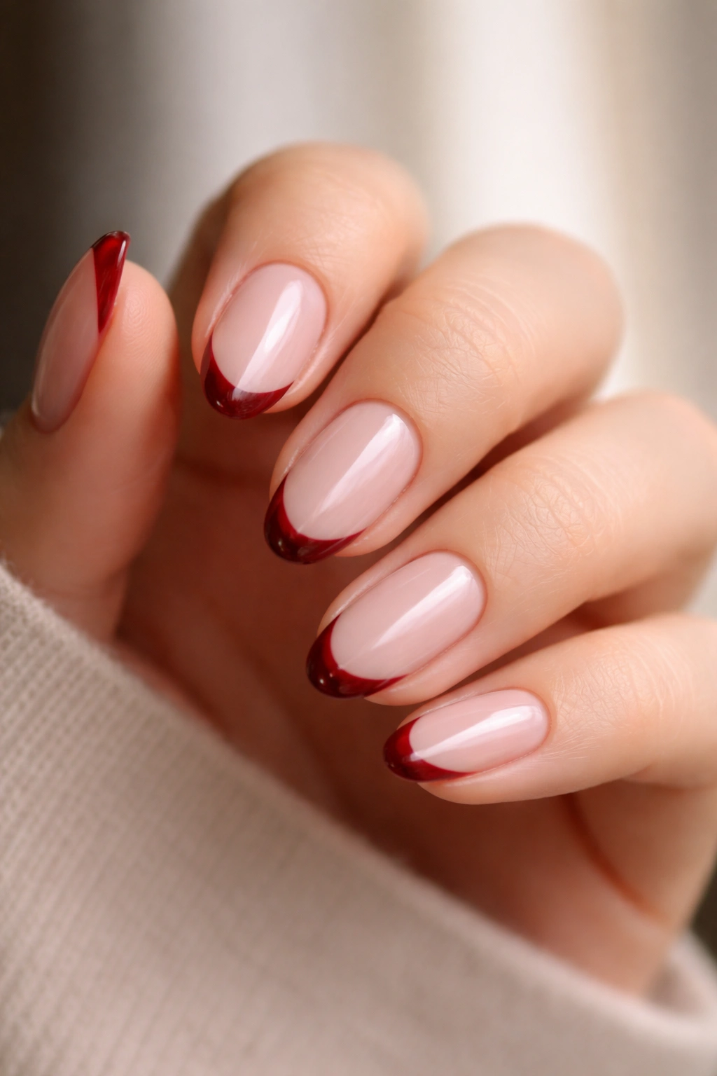 Close-up of short almond nails with wine red French tips