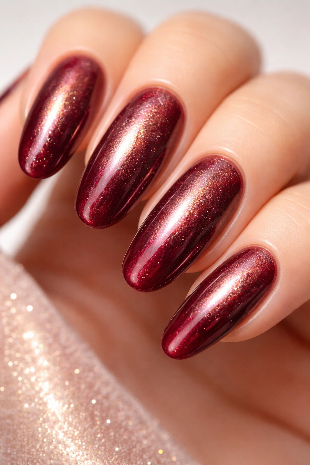 Close-up of wine red nails with champagne shimmer overlay on rounded tips.