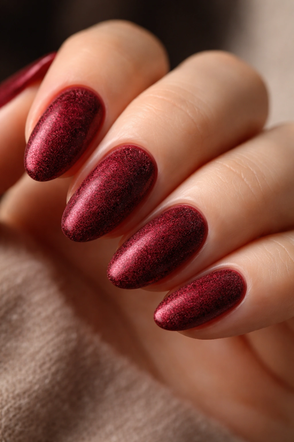 Wine-red velvet nails with raised flocked texture on short almond nails