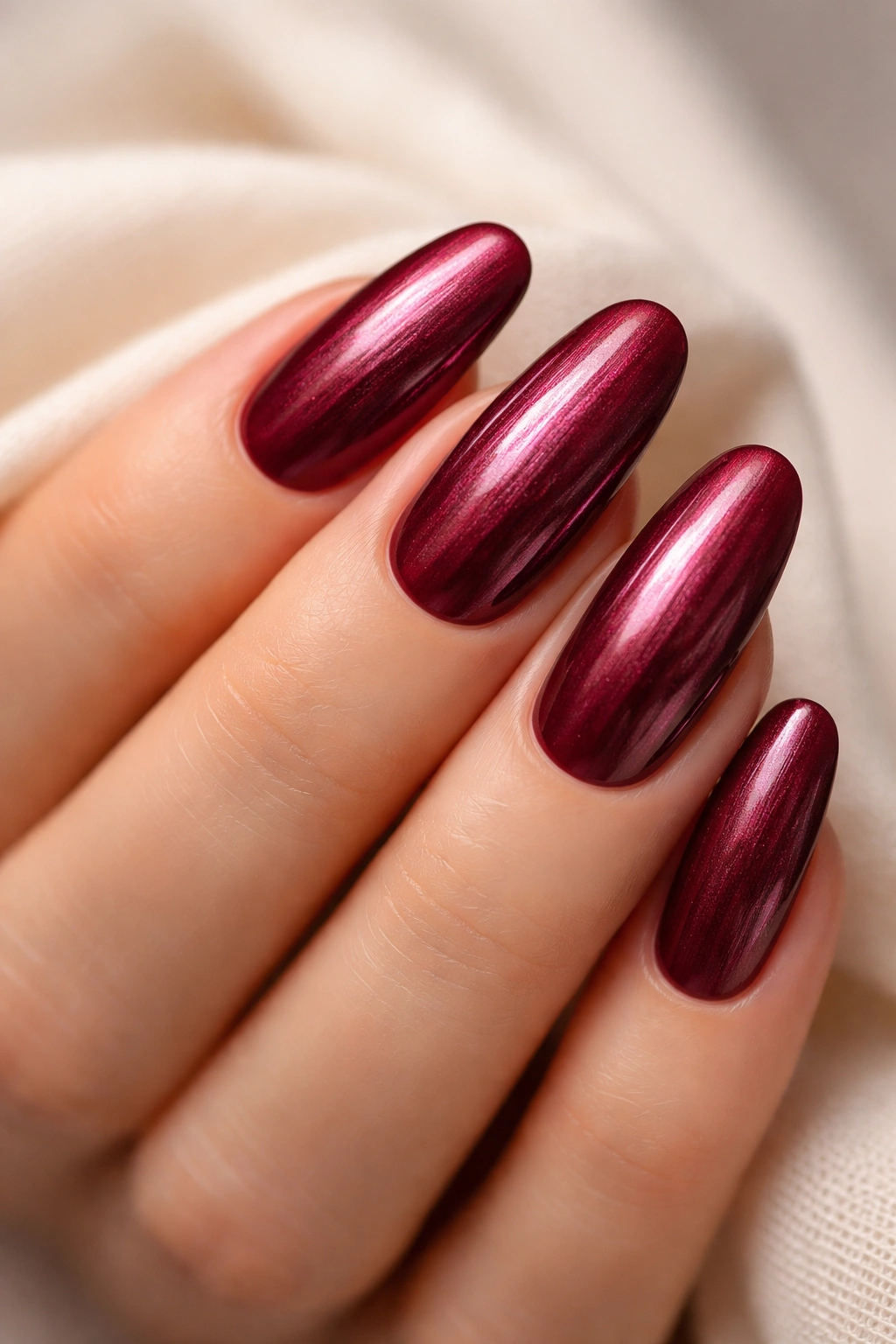 Close-up of long nails wine-toned red with pearl finish on a hand