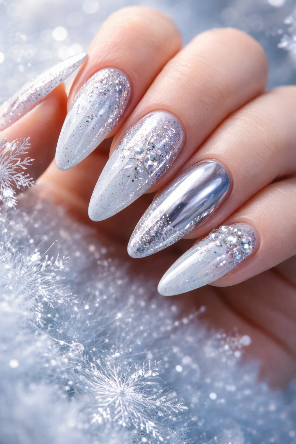 Close-up of icy blue and silver almond nails with metallic sparkle