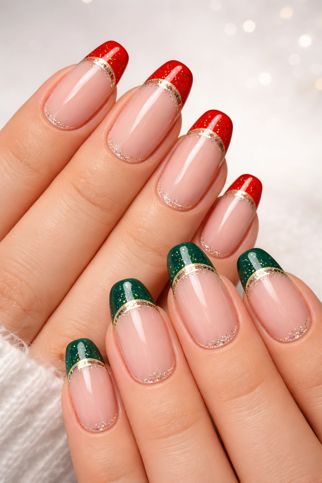 Close-up of winter wonderland French tips with red and green tips