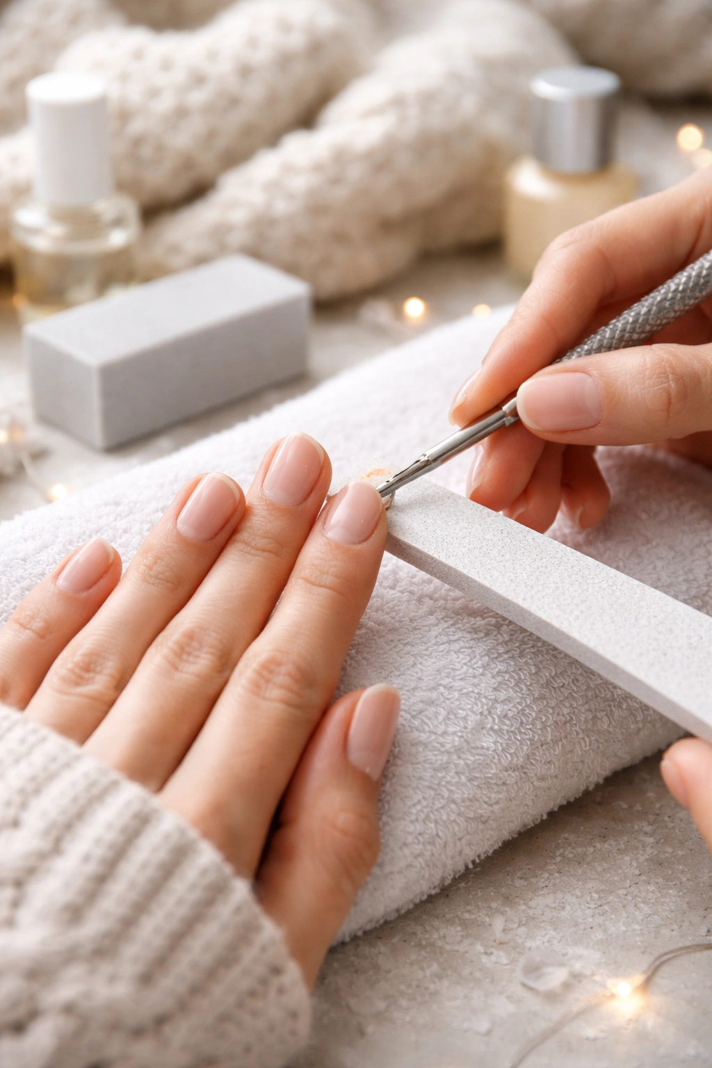 Close-up of hands filing nails and pushing back cuticles for winter nail care