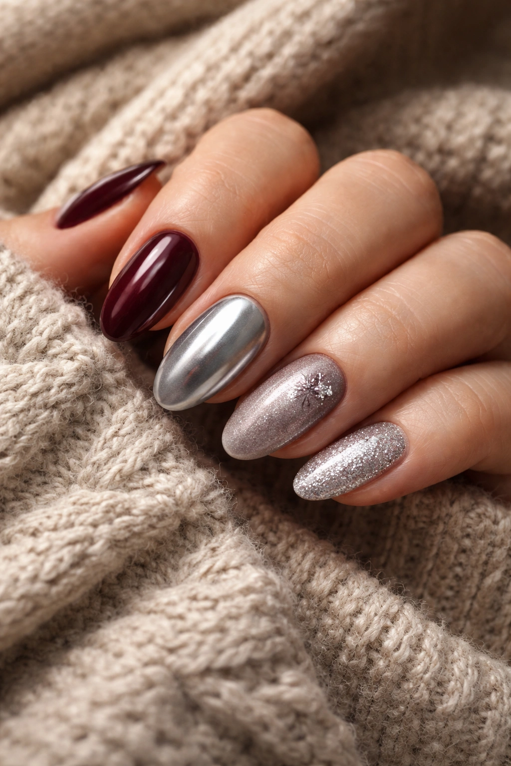 Hands showing winter nail designs on nails against a cozy knit backdrop