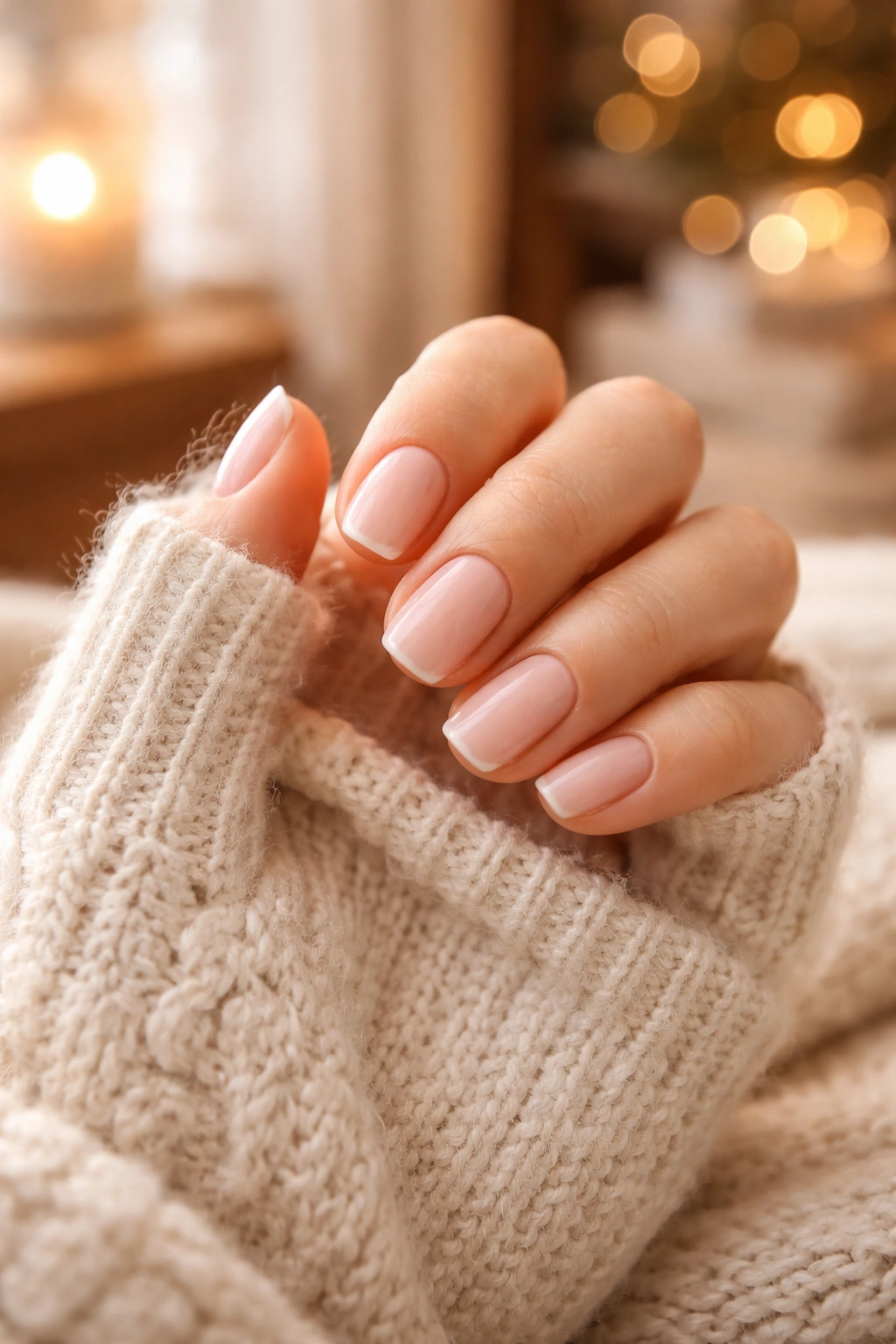Close-up of a gloved hand revealing moisturized nails during winter.