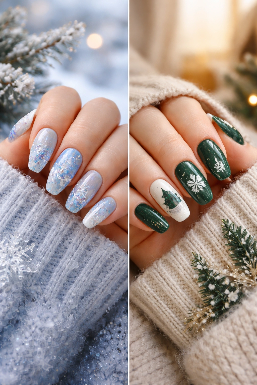 Nails split between snowy and cozy winter motifs