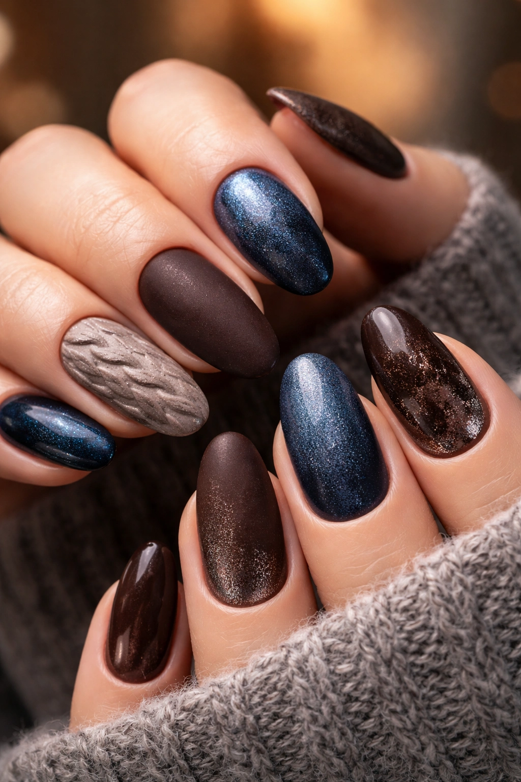 Close-up of winter-inspired nails in navy and chocolate brown with textured finishes