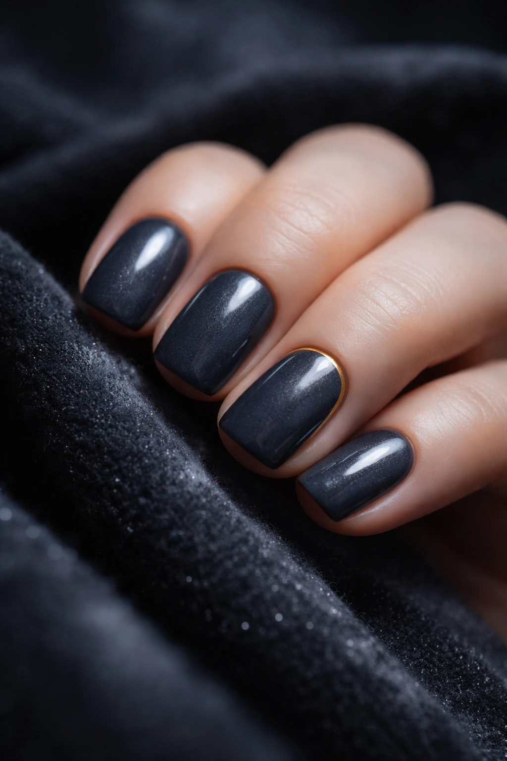 Close-up of short squoval nails in moody charcoal-gray with a gold edge accent on a dark velvet background