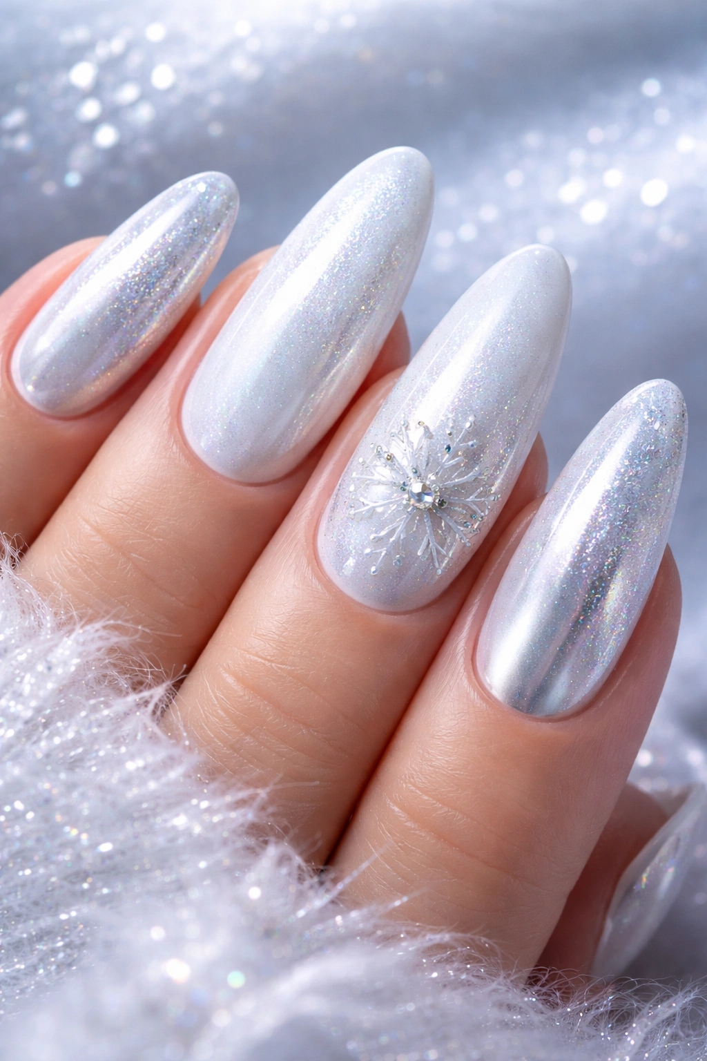 Winter white nails with pearl finish and subtle holographic sparkle