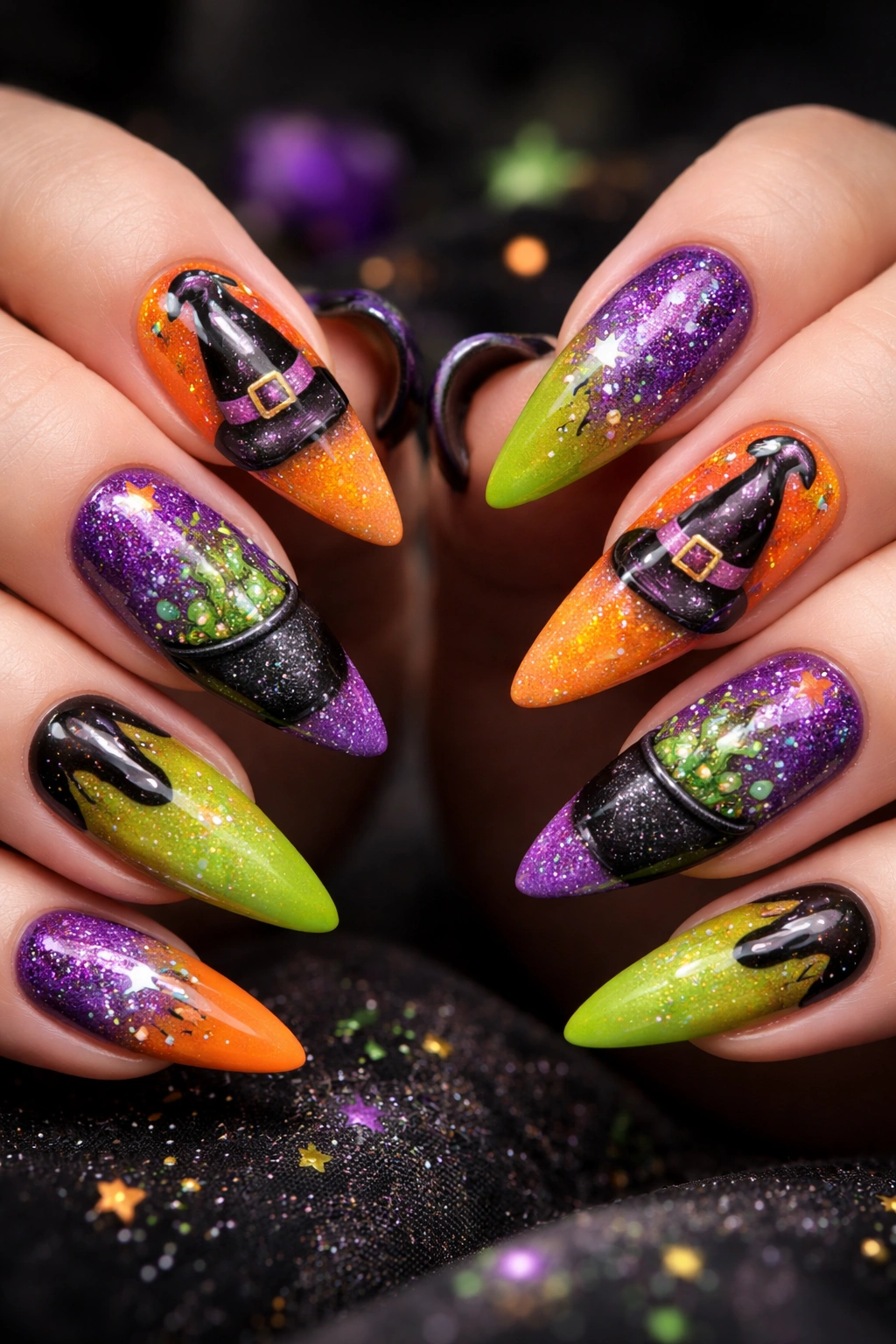 Witch hat and cauldron nail designs in coordinated colors