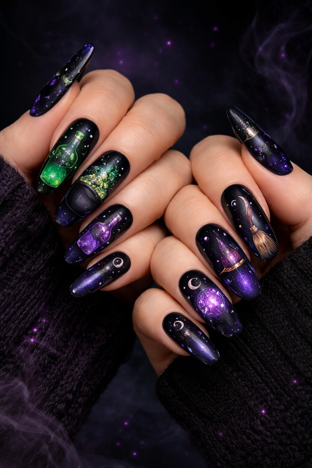 Two hands showcasing witchy nails with potion bottles and hats in jewel tones.