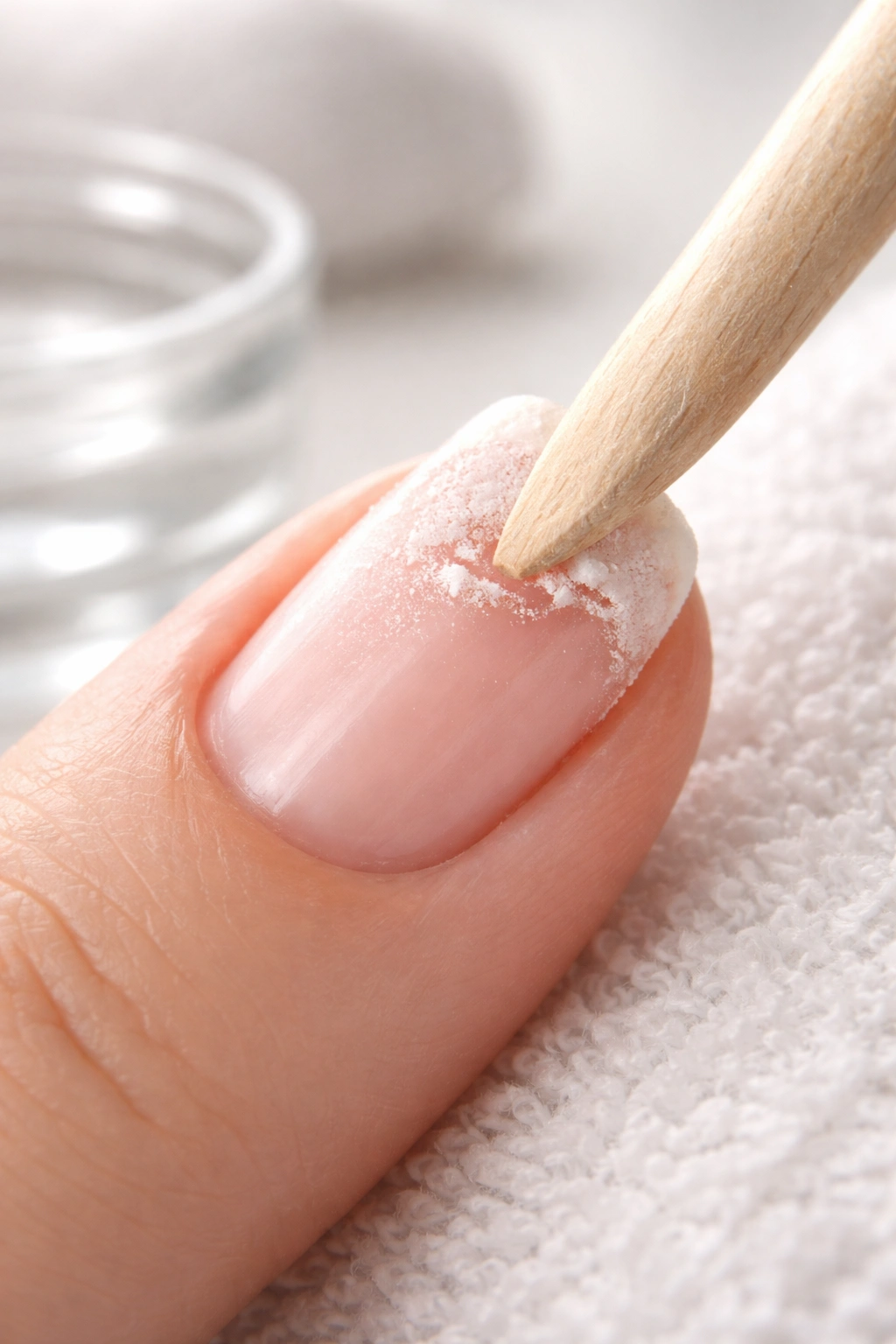 Wooden cuticle pusher gently lifting softened dip powder from nail edge
