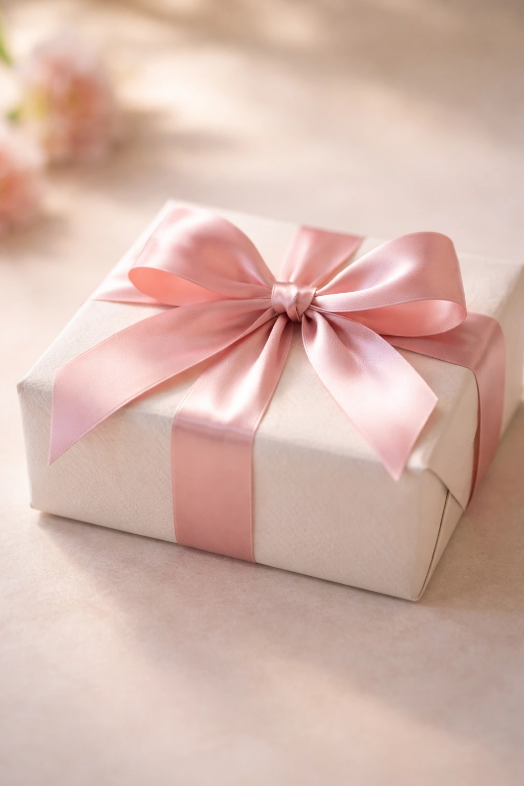 Close-up of wrapped gift with satin ribbon symbolizing wrapping up summer pedicure color ideas in a neutral studio