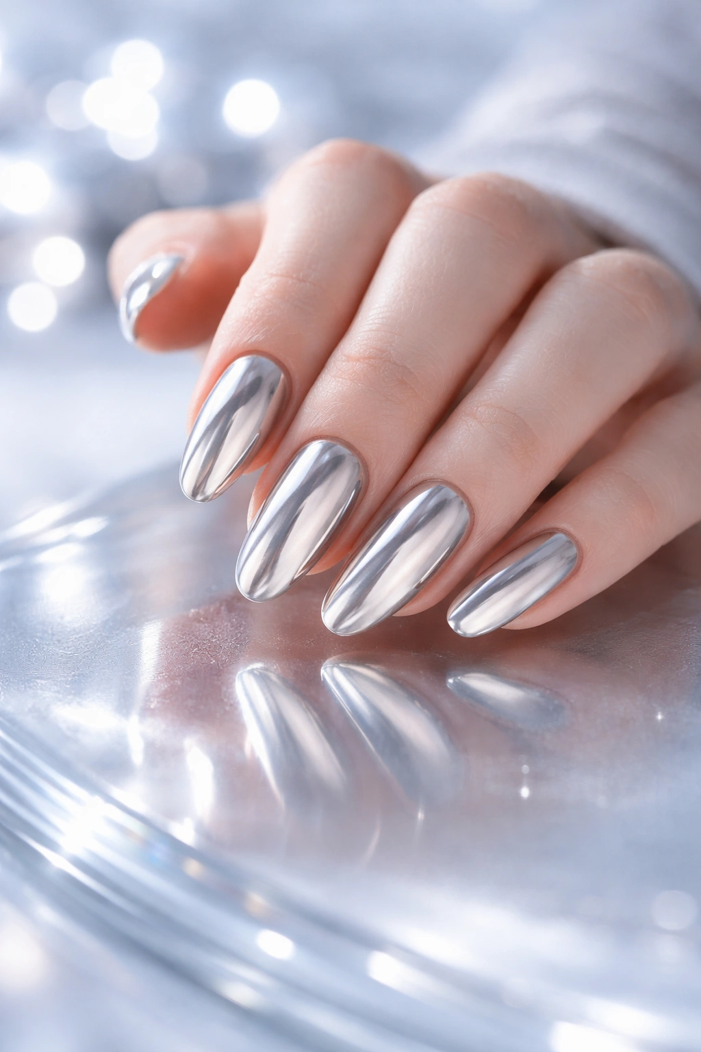 Close-up of a hand with chrome nails on a reflective surface, emphasizing mirror-like finish.
