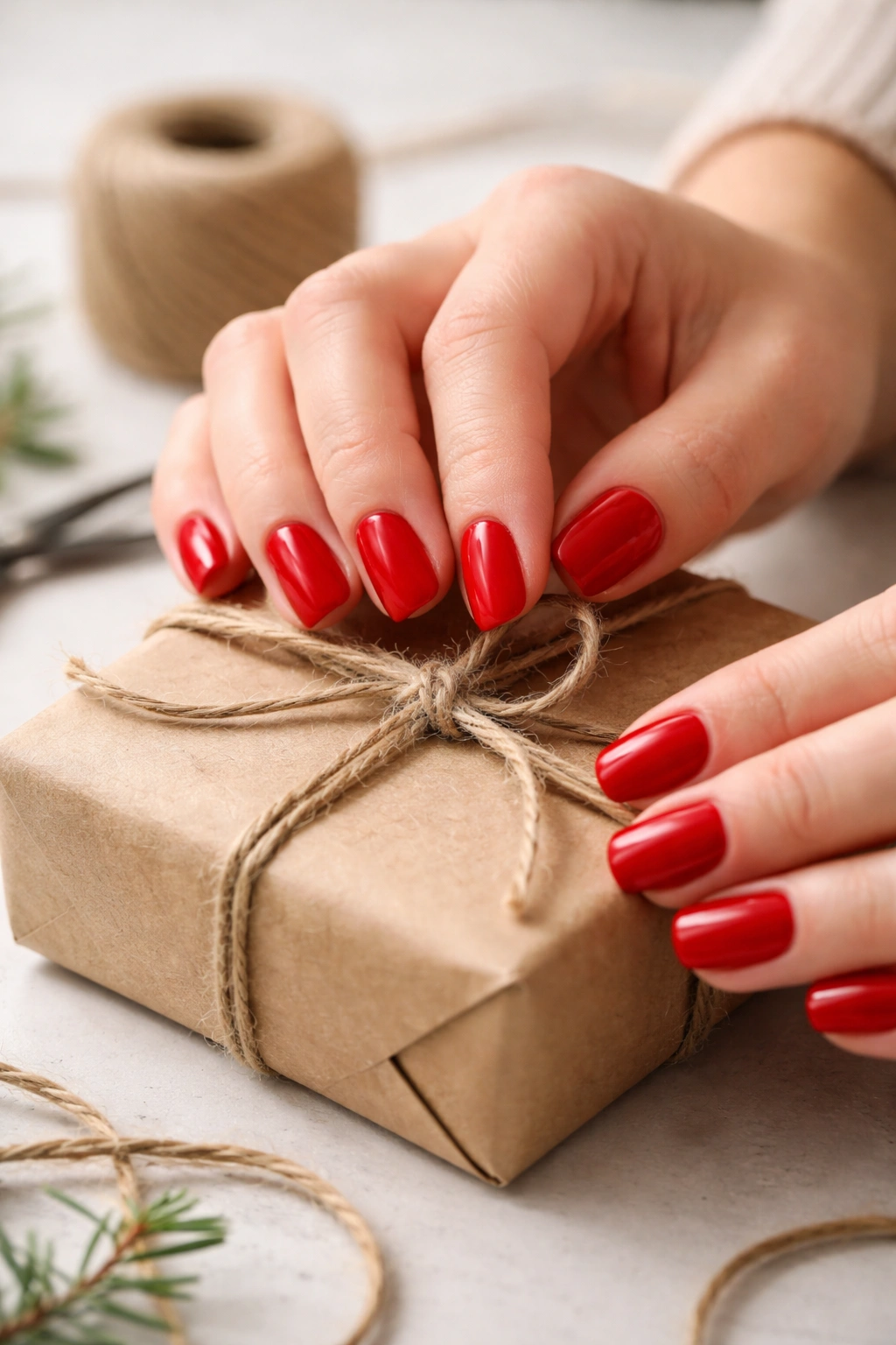 Close-up of hands with red short squoval nails wrapping a parcel in kraft paper
