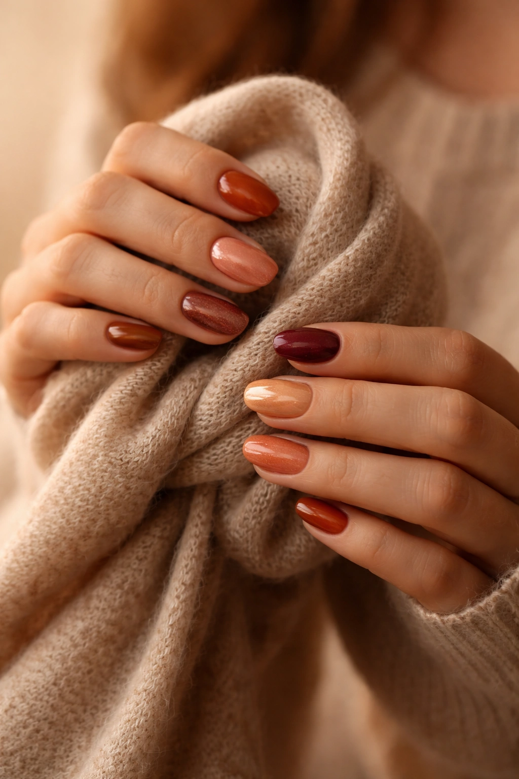 Close-up of hands wrapping a soft beige scarf in a cozy fall moment