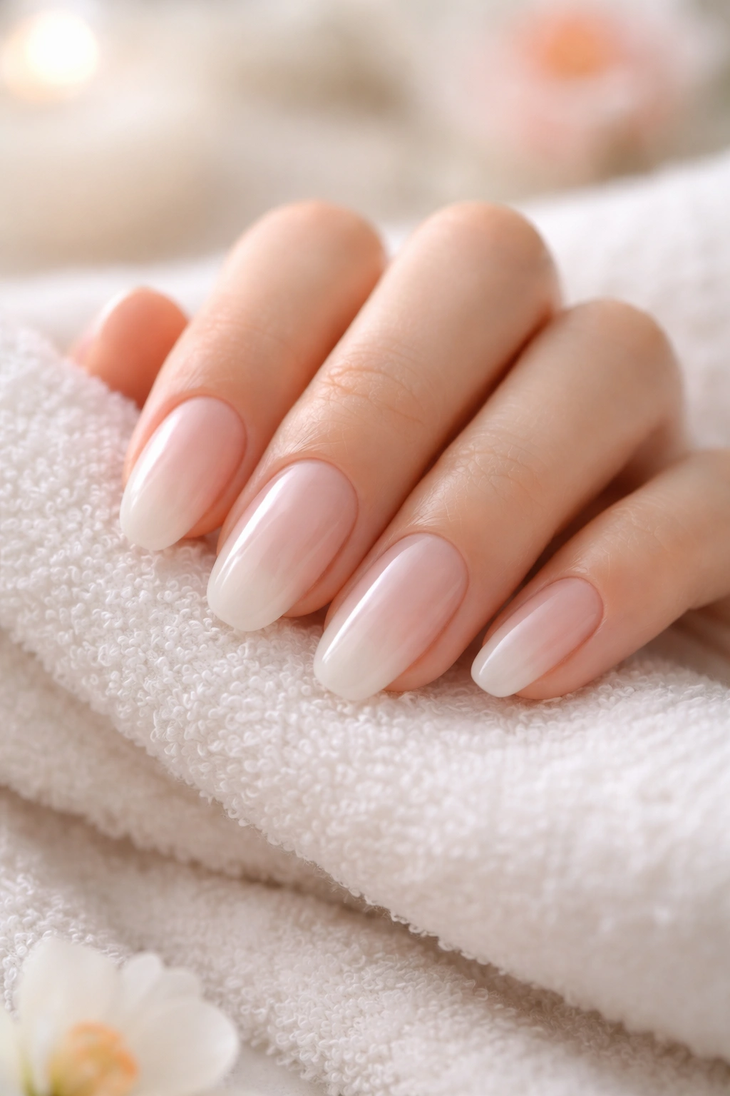 Serene close-up of milky nails on a hand resting on towel
