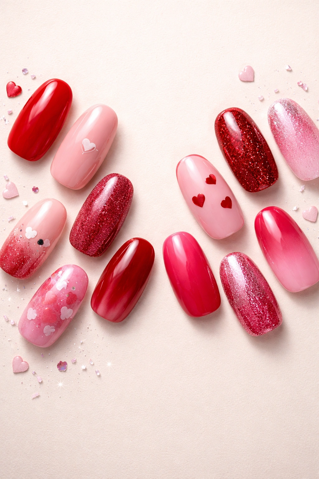 Abstract manicure finale in red and pink tones with varying finishes.
