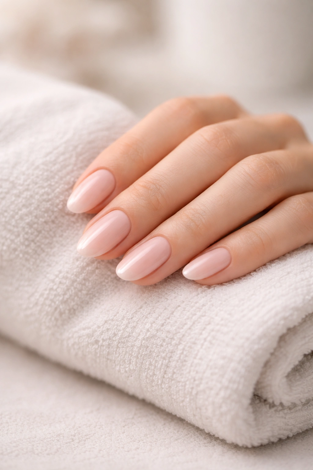 Hand with finished nails resting on soft surface in a calm scene.