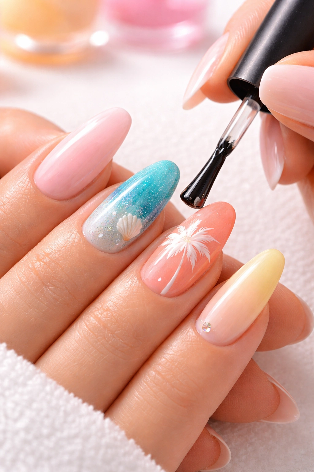 Close-up of hands applying final gloss on summer acrylic nails