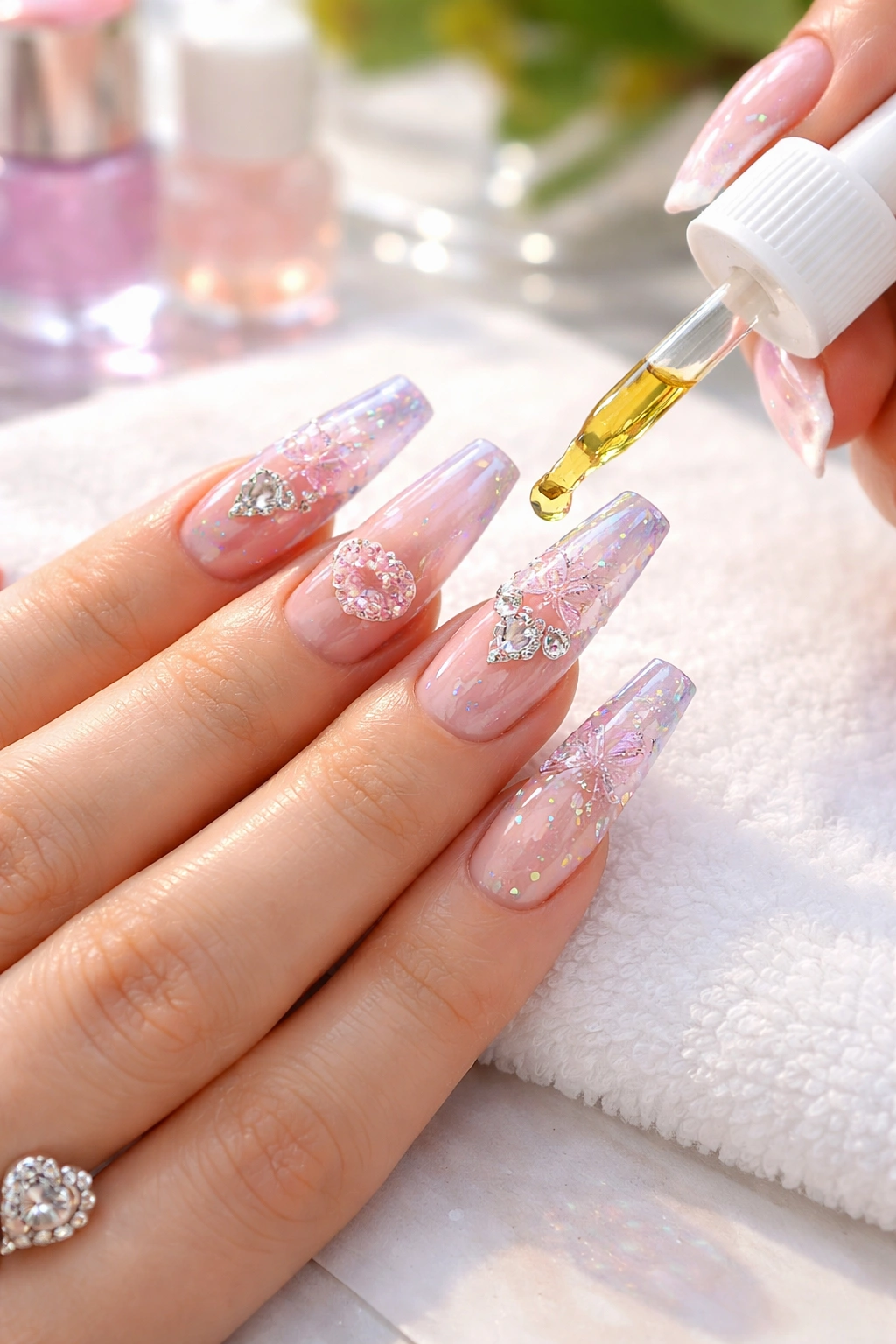 Close-up of a hand applying cuticle oil to glossy Y2K acrylic nails