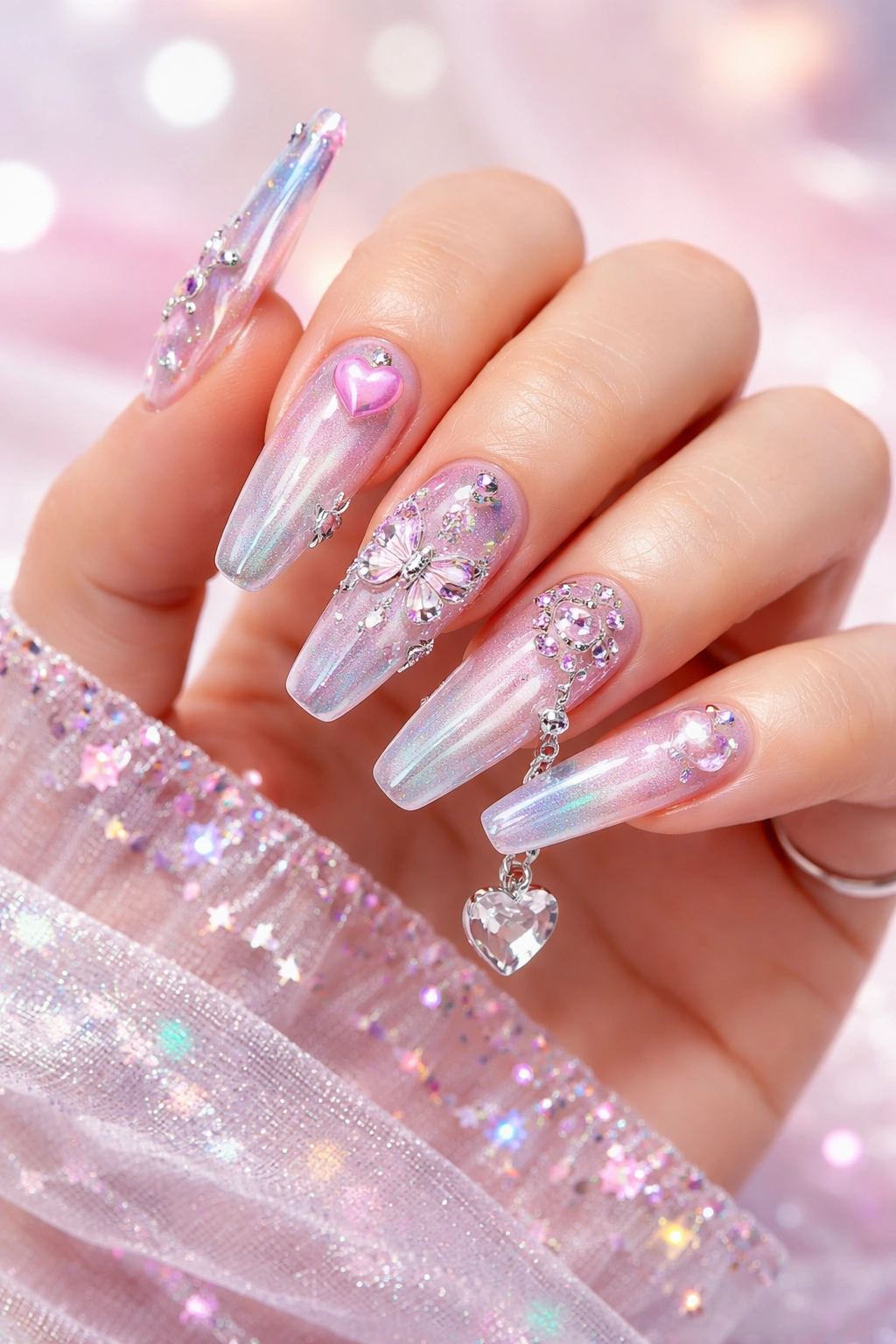Close-up of a finished Y2K acrylic nails look with chrome and rhinestone embellishments