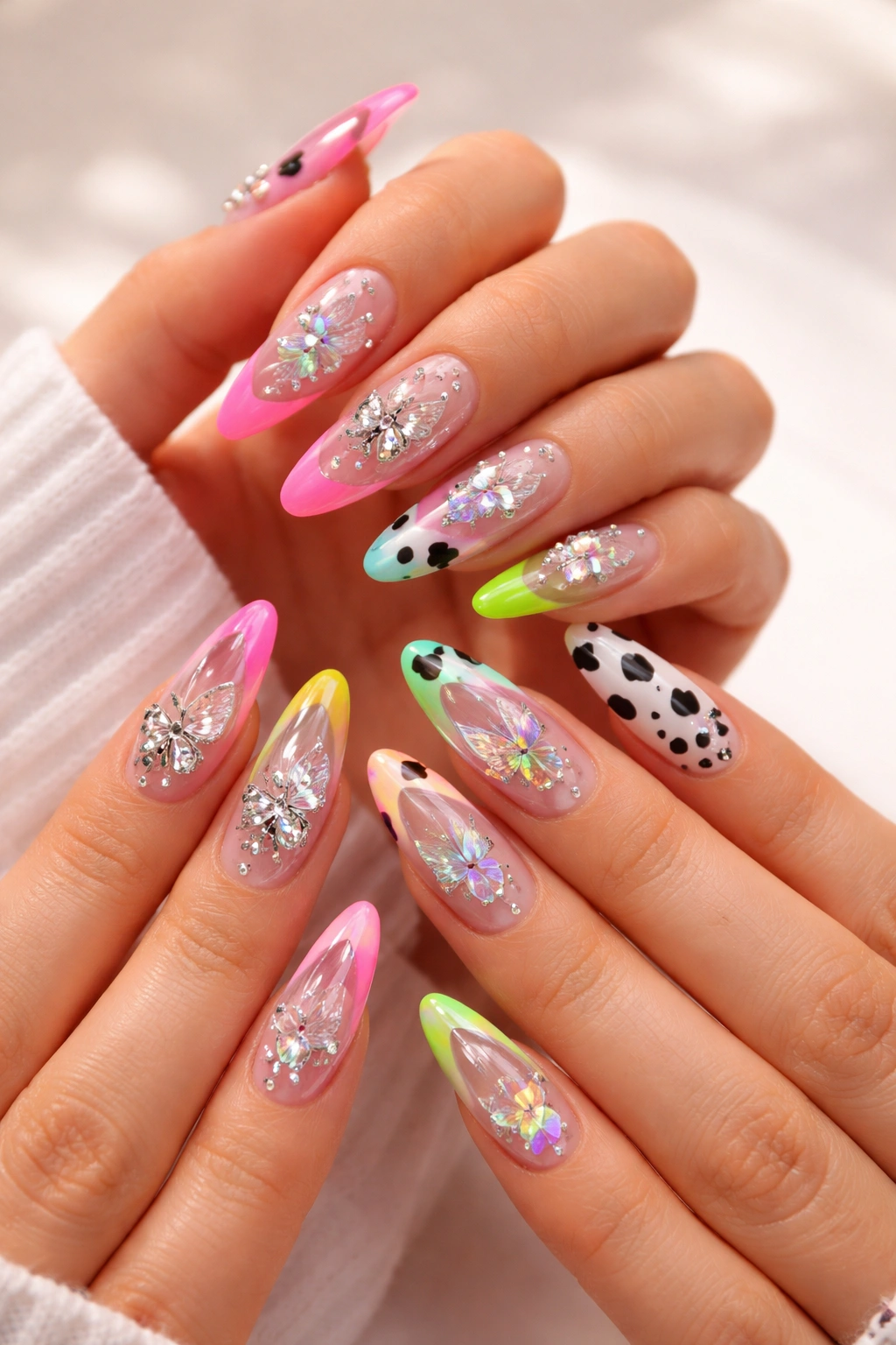 Close-up of two hands with bold Y2K matching nails featuring rhinestones and neon tips