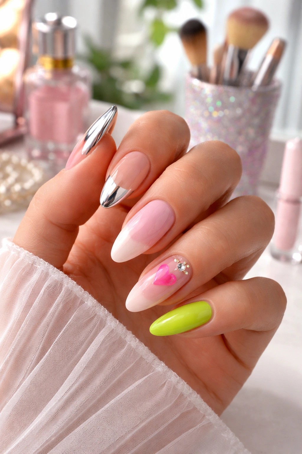 Hand with versatile Y2K nails including chrome tip, gradient, and neon accents