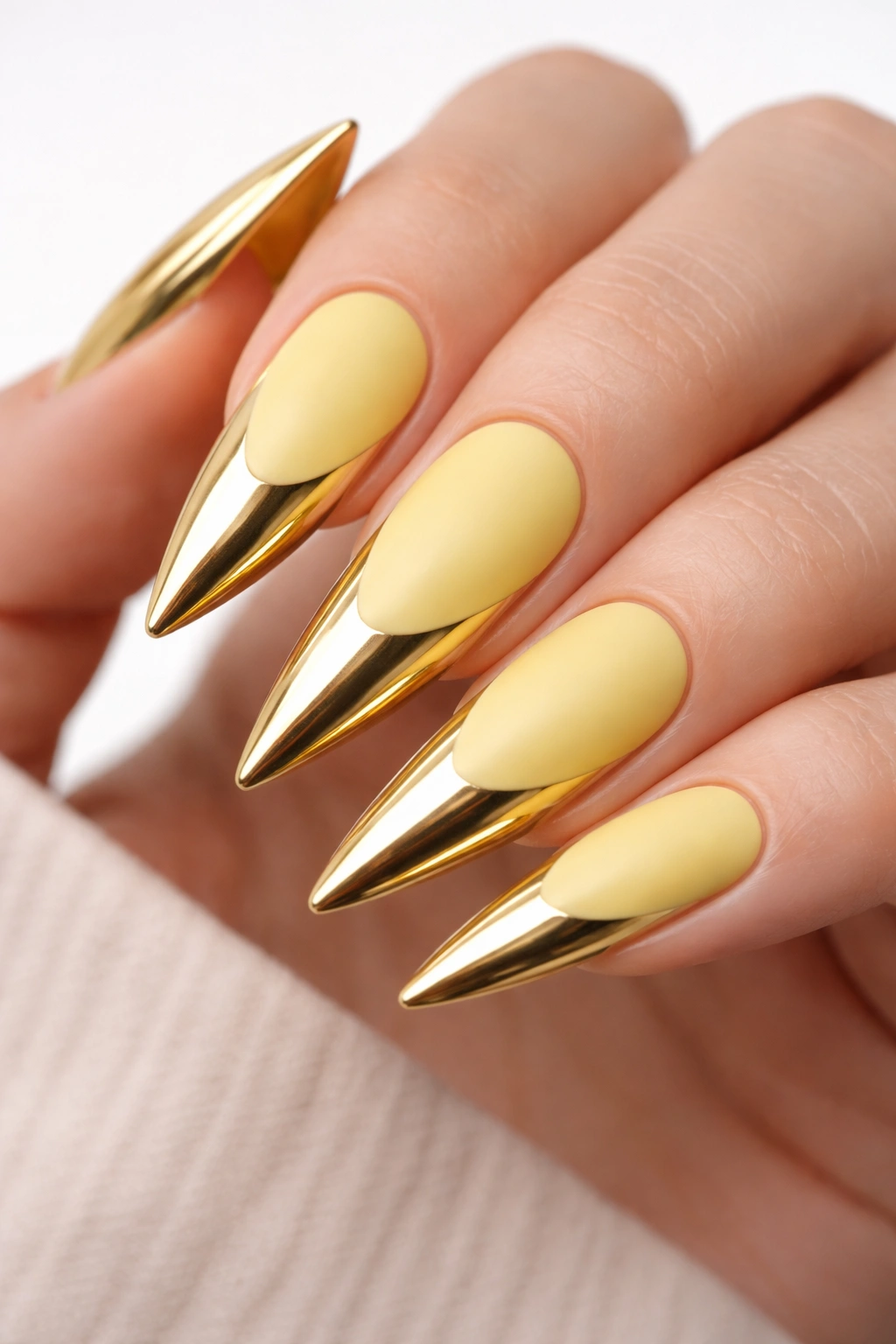 Nails with yellow base and gold metallic tips in close-up