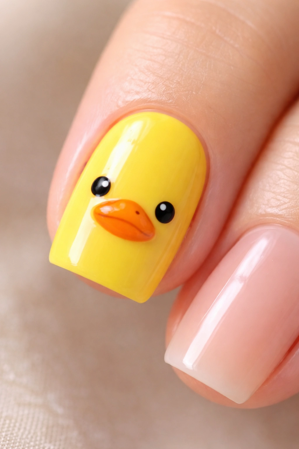 Close-up of a bright yellow duck face nail design with orange beak on a manicured nail