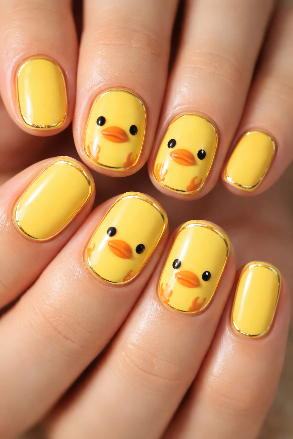 Yellow duck nail art with gold accent lines