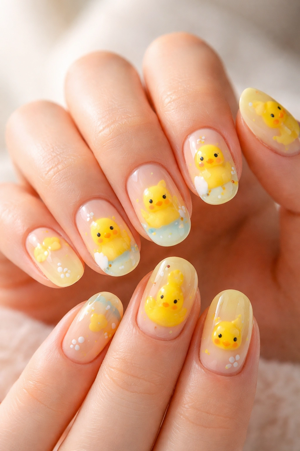 Close-up of yellow duck nail art on manicured nails with glossy finish