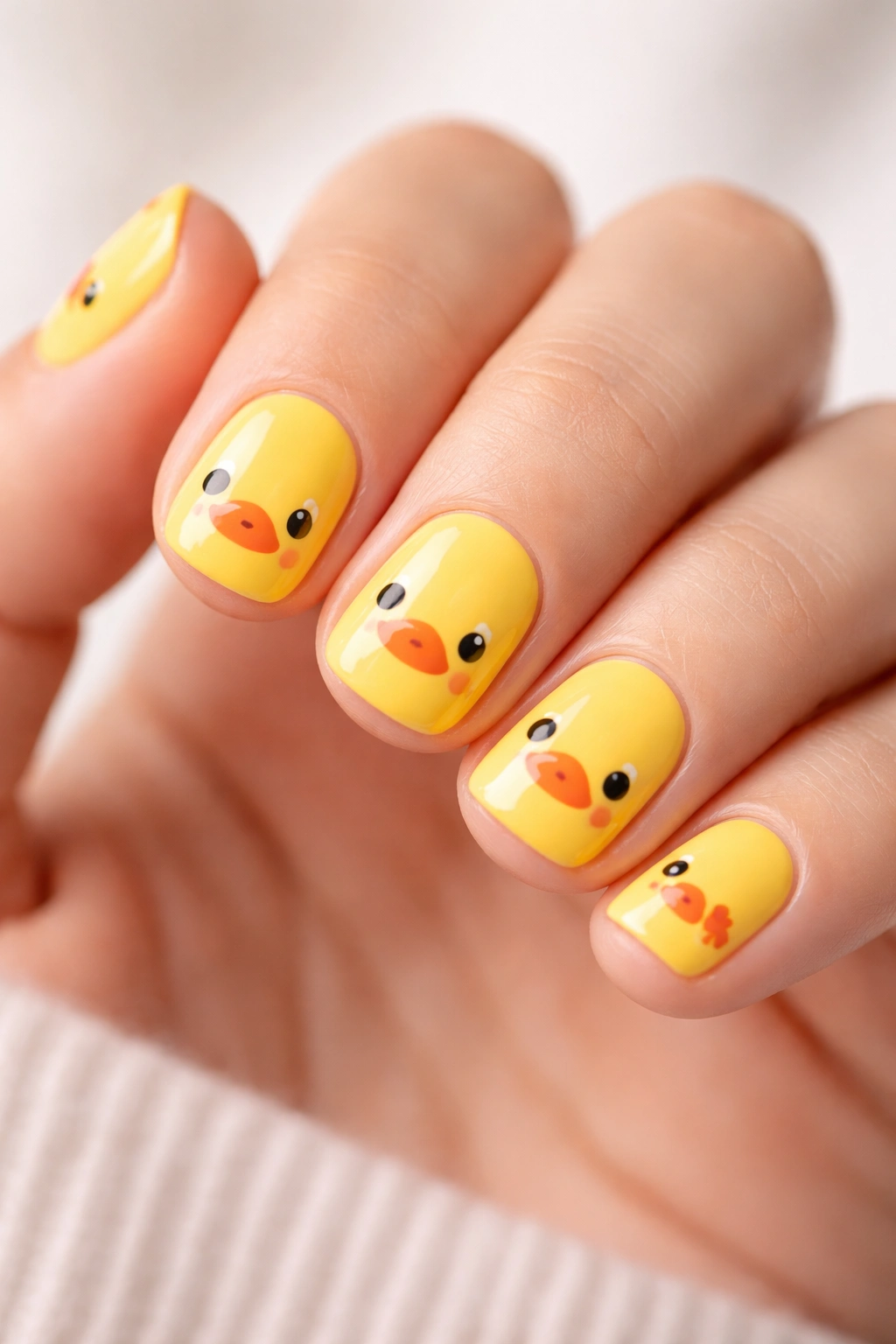 Close-up of short yellow nails with duck motif art on a clean background