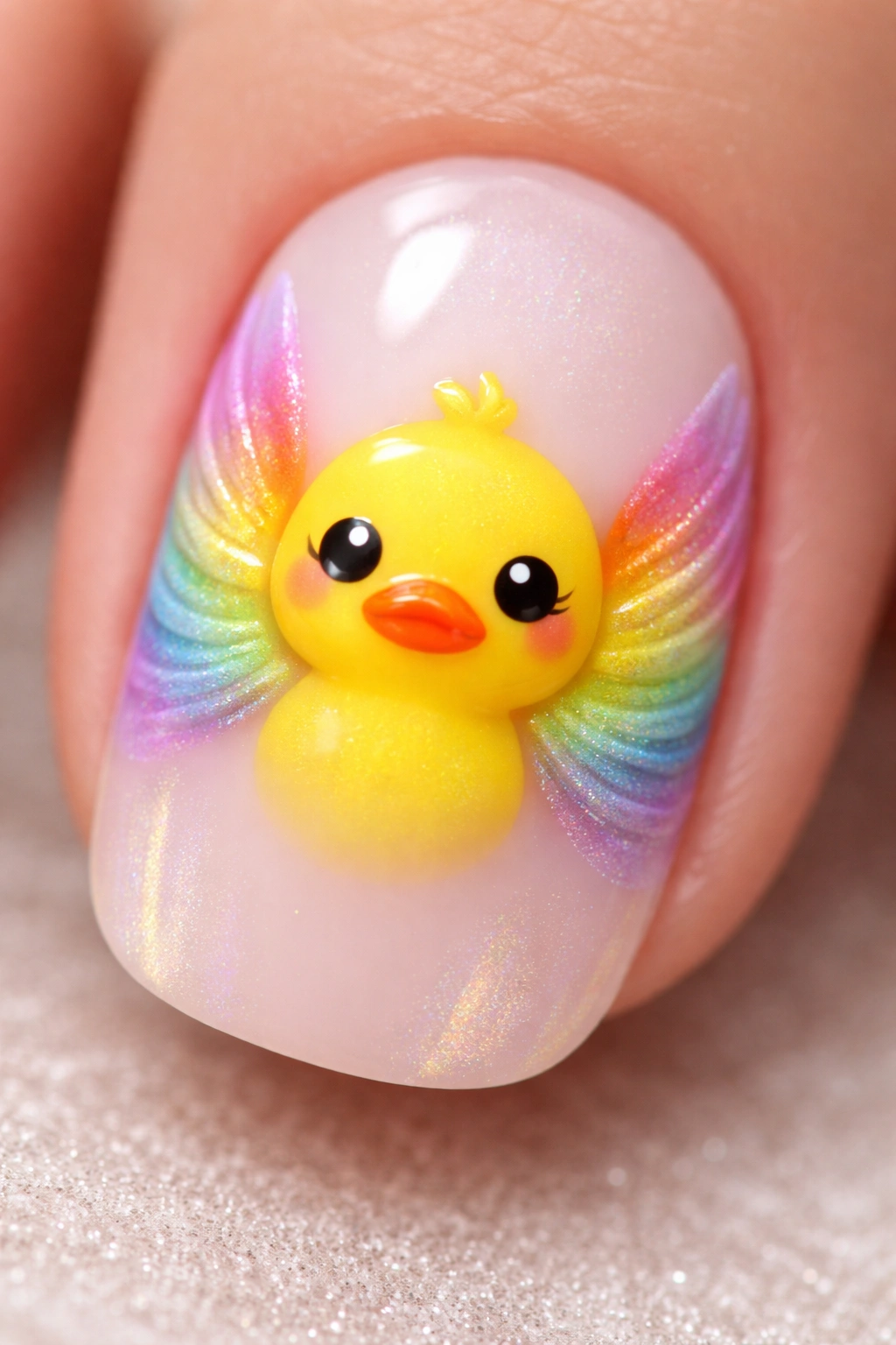 Close-up of a yellow duck face with rainbow-gradient wings on a nail