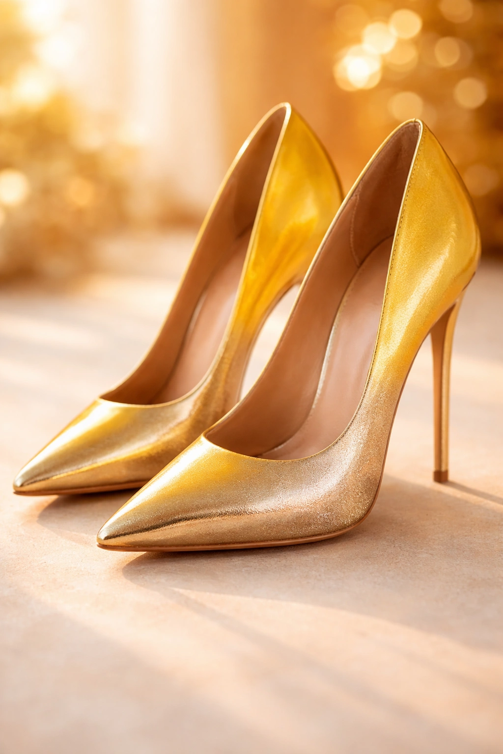 Close-up of yellow-to-gold ombre stiletto heel with glossy metallic finish