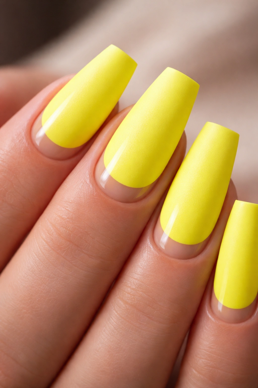 Matte highlighter yellow ballerina nails with glossy cuticle crescent