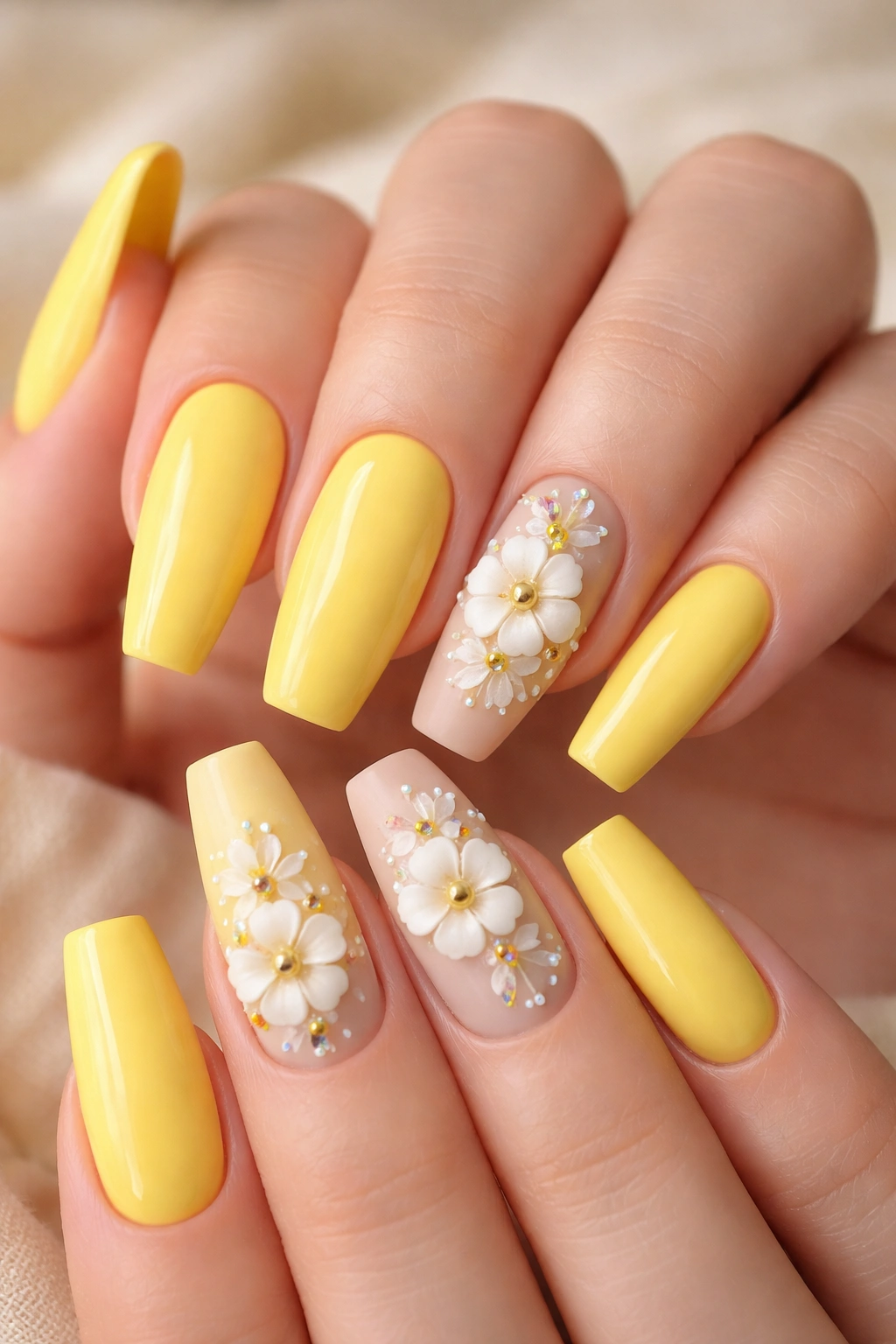 Close-up of yellow nails with 3D white ivory flowers on two accent nails, studio lighting.