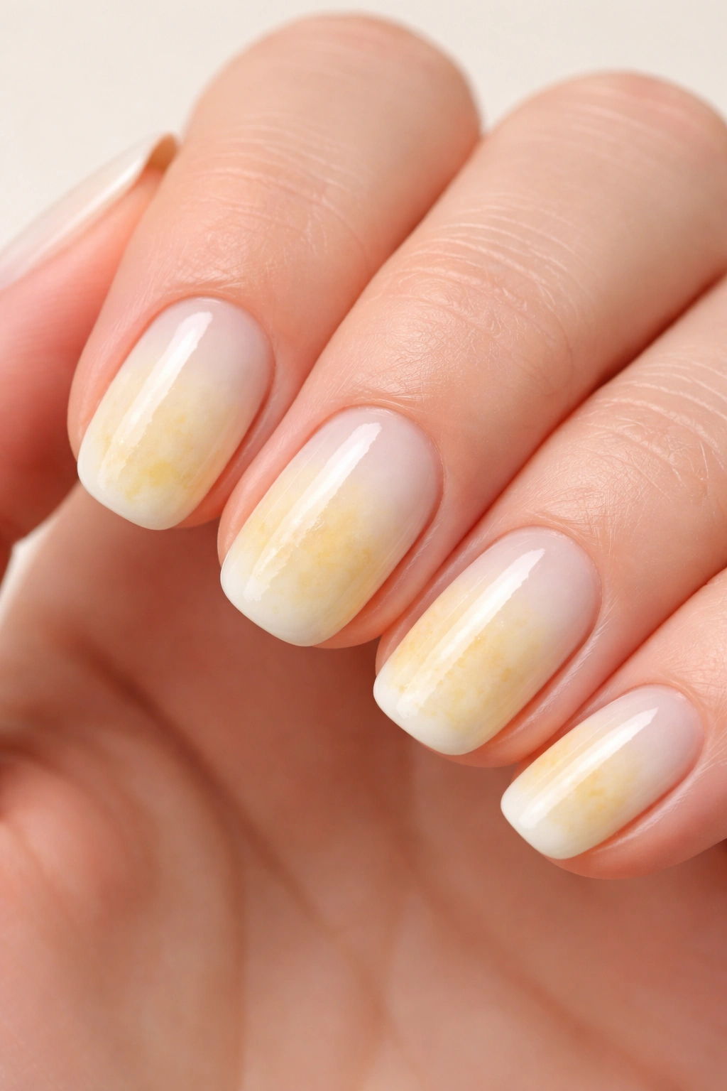 Close-up of nails with yellowed discoloration on white nails