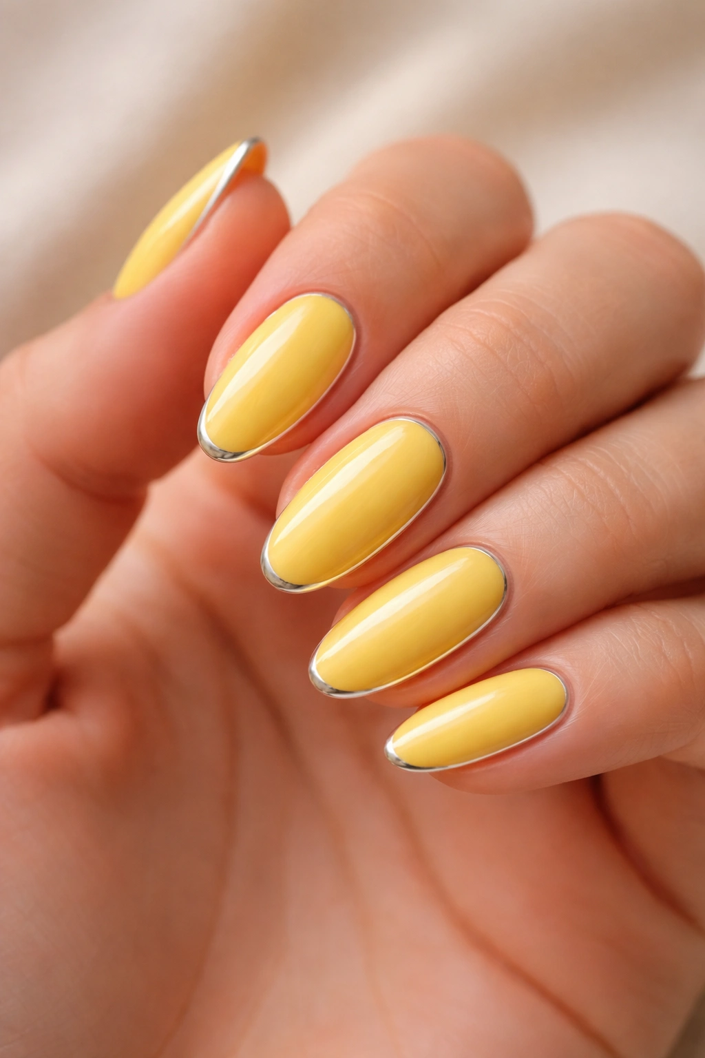 Bright yellow almond nails with thin chrome outlines