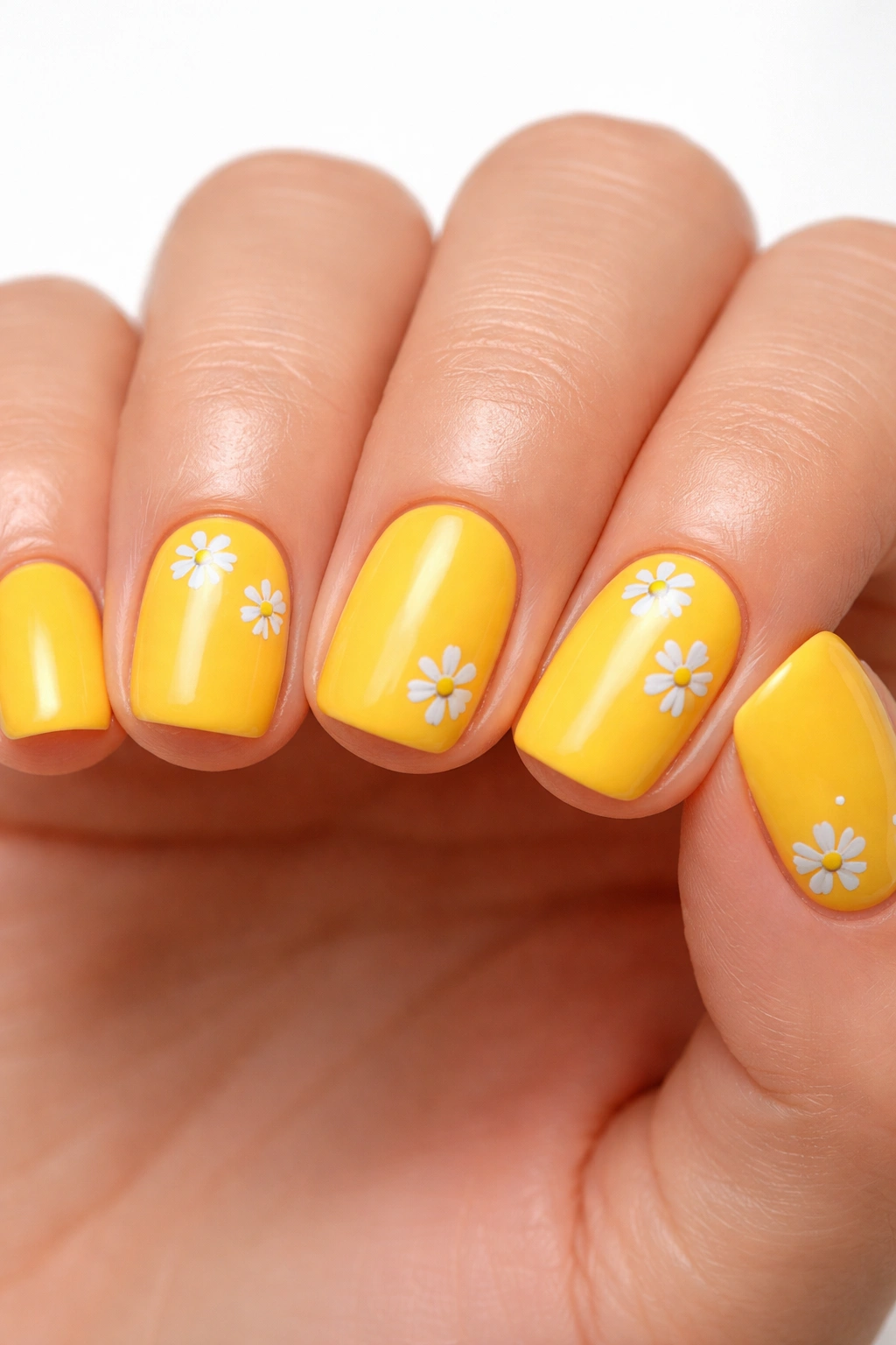 Close-up of yellow nails with tiny white daisies