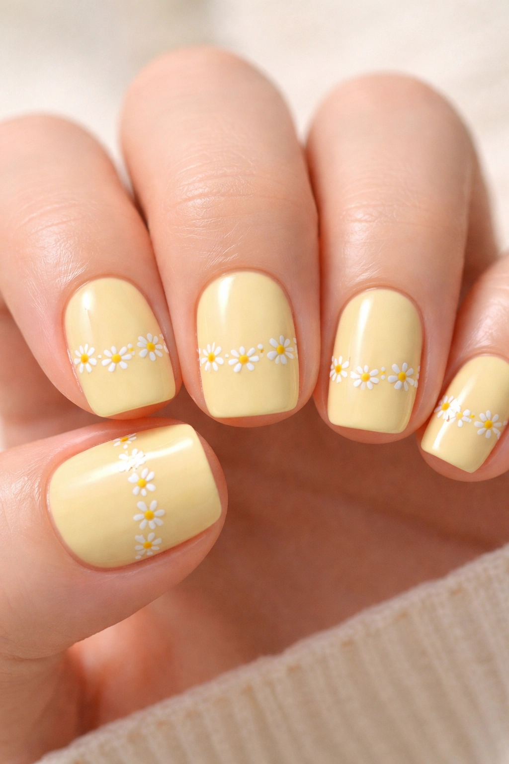 Close-up of pale yellow nails with a white daisy chain design.