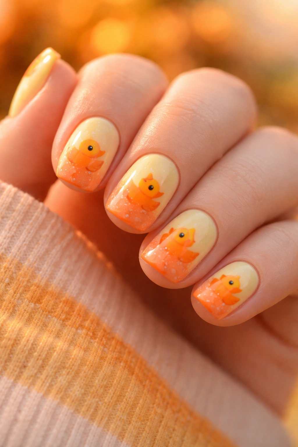 Soft yellow nails with orange ducks on a gradient sunset background.