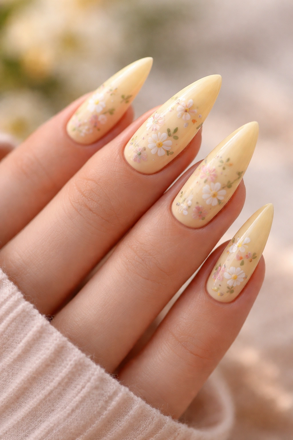 Yellow nails with delicate floral art in close-up